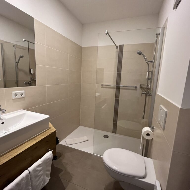 Einblick ins Badezimmer eines unserer Hotelzimmer mit WC und Dusche